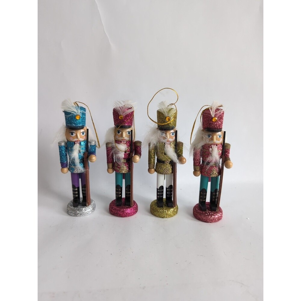Vtg Set of 4 Glitter Nutcracker Soldier Christmas Ornaments 5 1/4" Wood